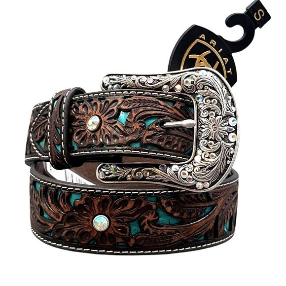 Ariat Leather Belt Sm Turquoise Inlay Floral Tooled Rhinestone Western Cowgirl - Picture 1 of 15